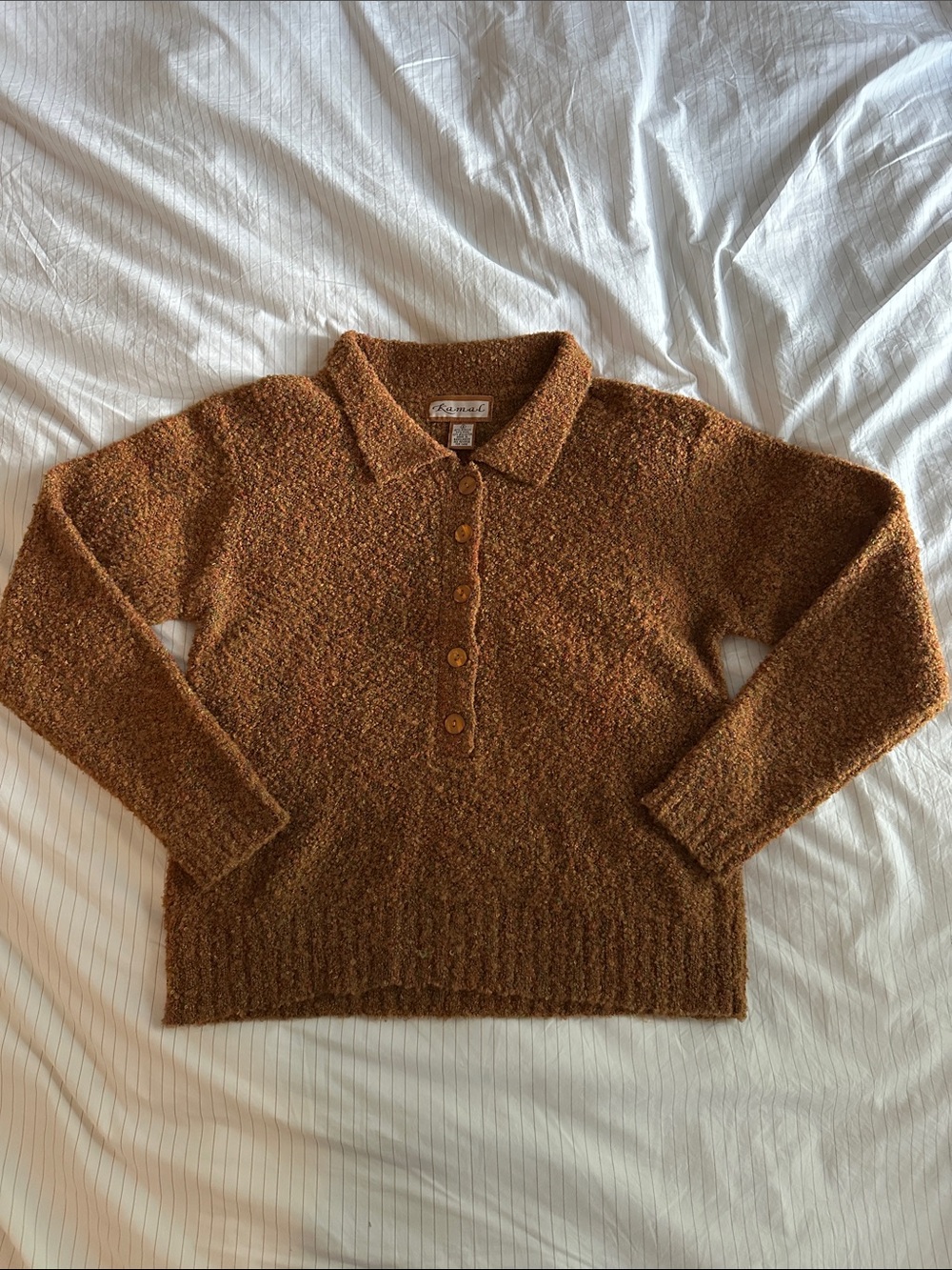 VTG Kamal - Cozy Burnt Orange Button-Up Polo Sweater - S